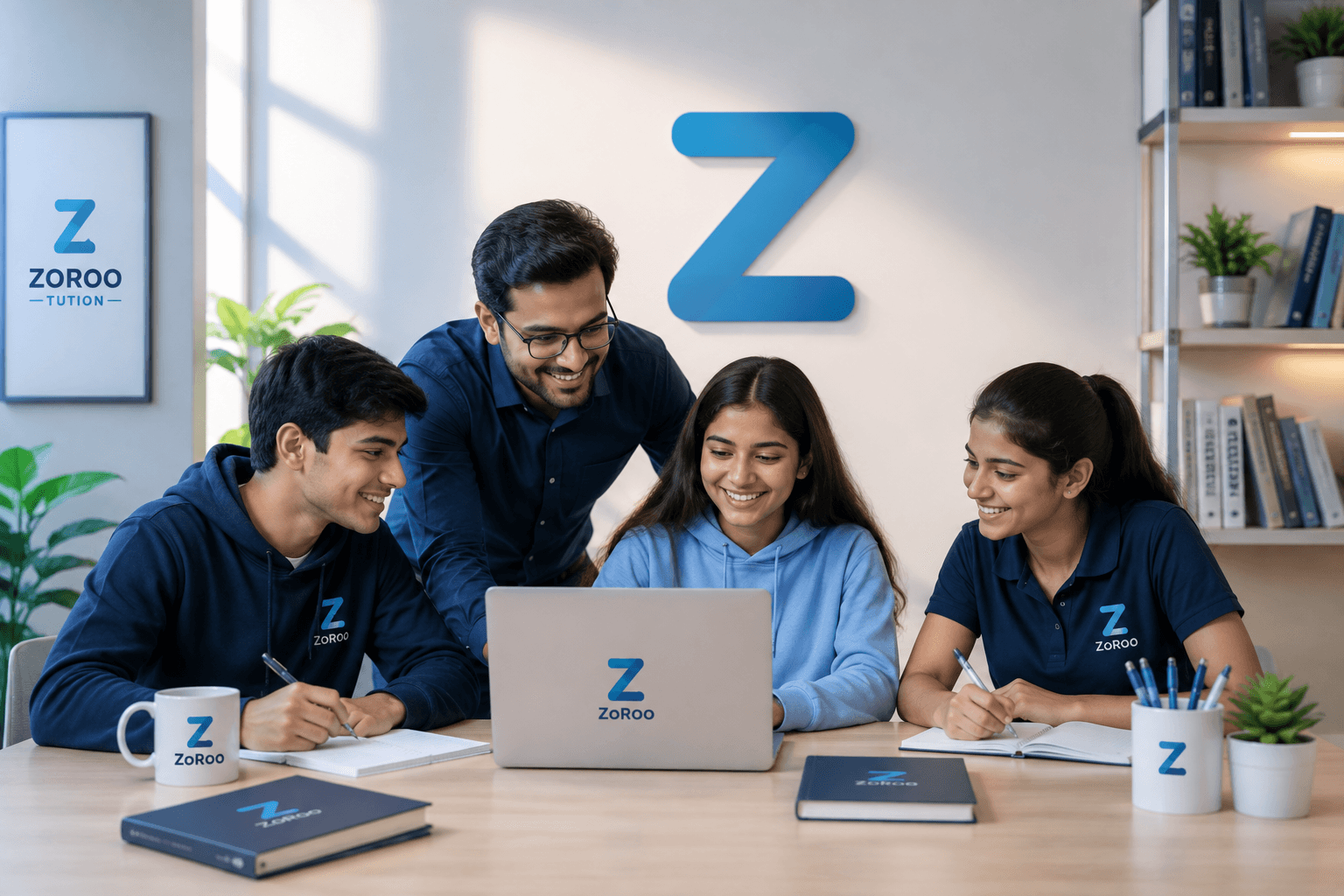 A ZoRoo teacher working through a problem on a laptop with three students around the table.