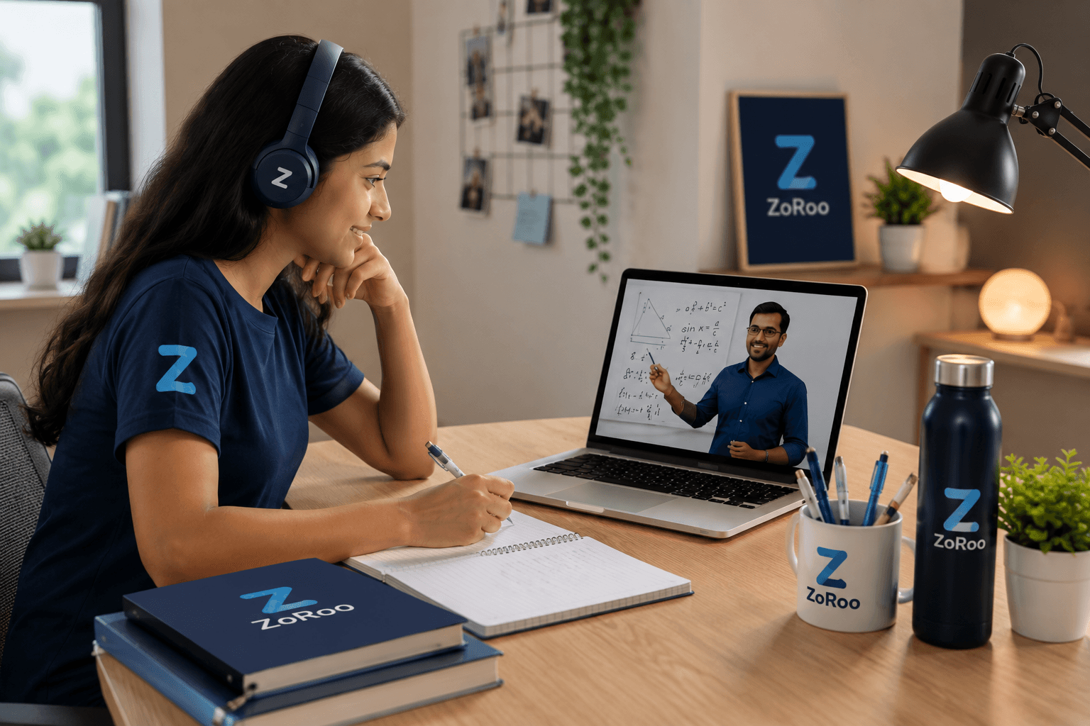 A ZoRoo student taking notes while her teacher works through a trigonometry problem in a live online class.
